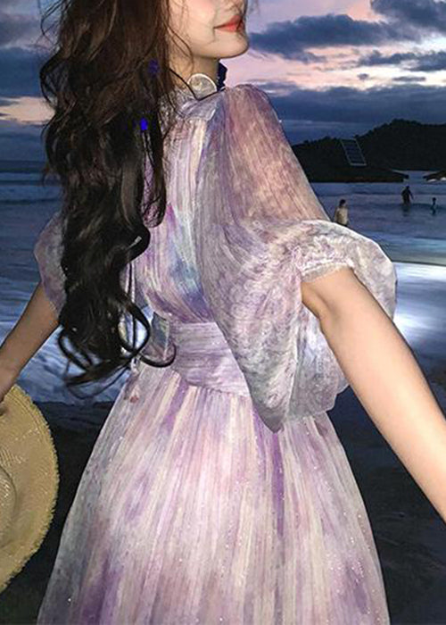 Stylish Purple Ruffled Tie Dye Silk Mid Dress Half Sleeve