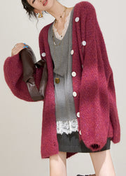Stylish Purple V Neck Cotton Knit Cardigan Lantern Sleeve