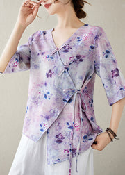 Stylish Purple V Neck Print Lace Up Cotton Shirt Half Sleeve