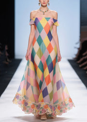 Stylish Rainbow Cold Shoulder Plaid Chiffon Sundress Summer