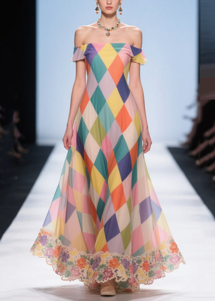 Stylish Rainbow Cold Shoulder Plaid Chiffon Sundress Summer