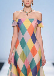 Stylish Rainbow Cold Shoulder Plaid Chiffon Sundress Summer