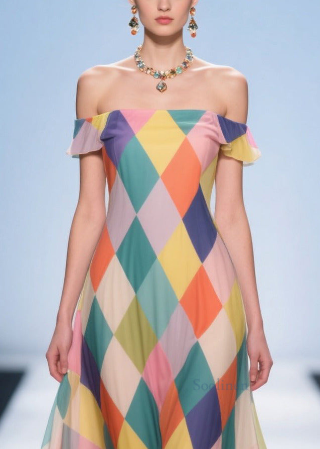 Stylish Rainbow Cold Shoulder Plaid Chiffon Sundress Summer