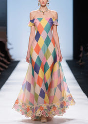 Stylish Rainbow Cold Shoulder Plaid Chiffon Sundress Summer