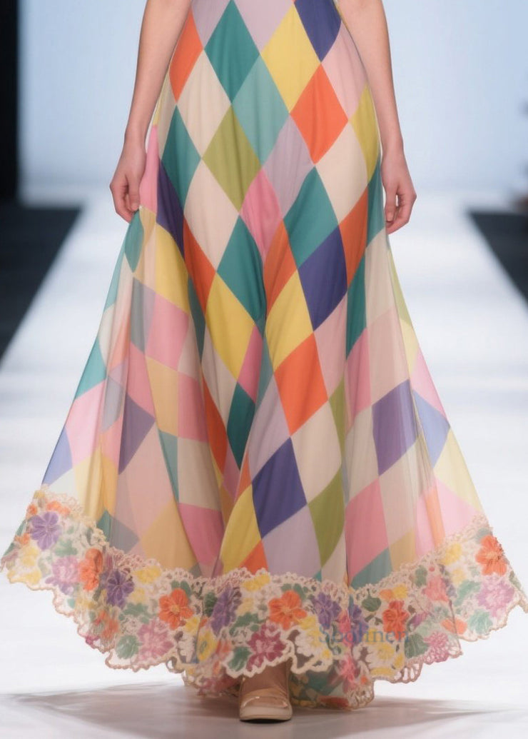 Stylish Rainbow Cold Shoulder Plaid Chiffon Sundress Summer