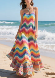 Stylish Rainbow Striped Patchwork Lace Spaghetti Strap Dress Summer