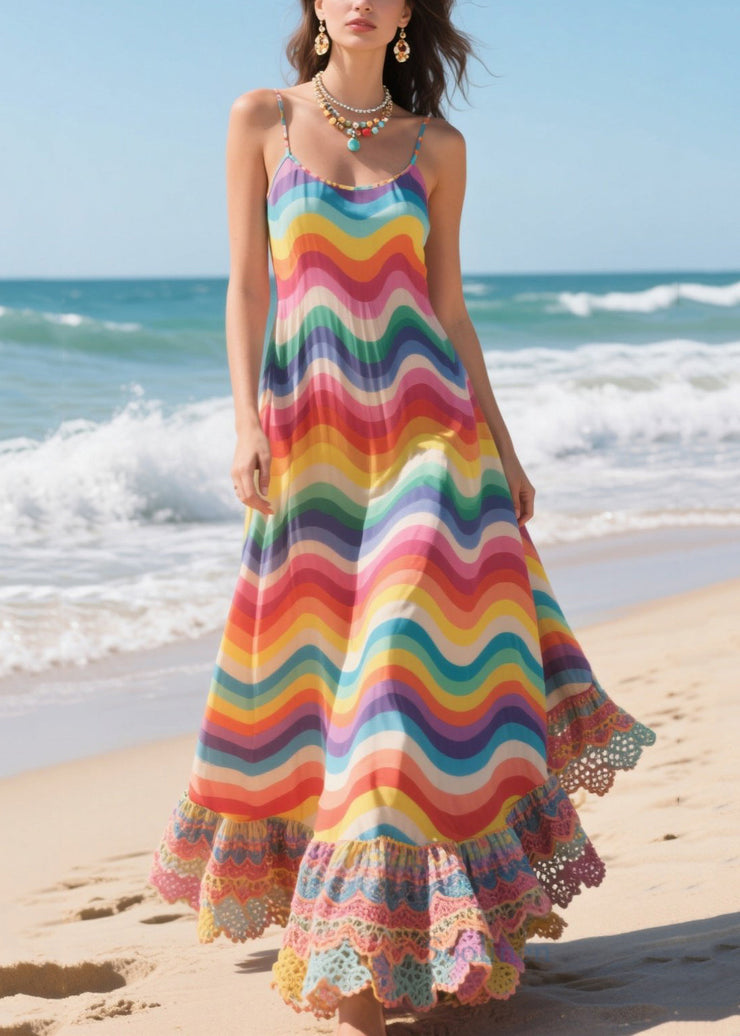 Stylish Rainbow Striped Patchwork Lace Spaghetti Strap Dress Summer