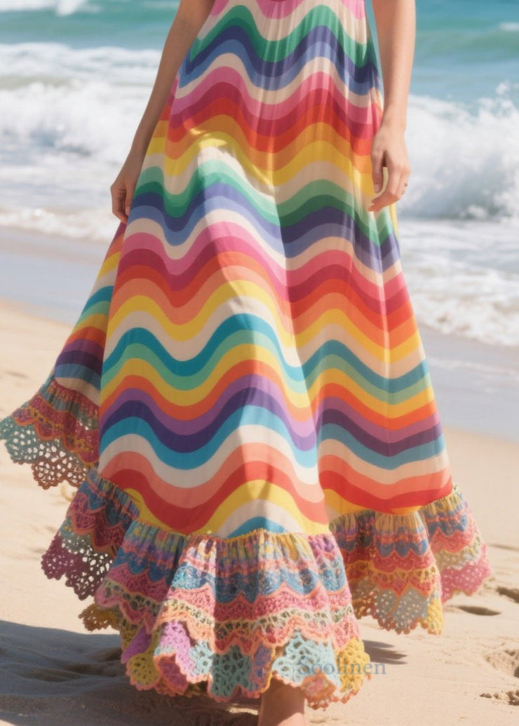 Stylish Rainbow Striped Patchwork Lace Spaghetti Strap Dress Summer