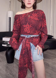 Stylish Red Asymmetrical Print Tie Waist Cotton Shirts Fall