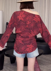 Stylish Red Asymmetrical Print Tie Waist Cotton Shirts Fall