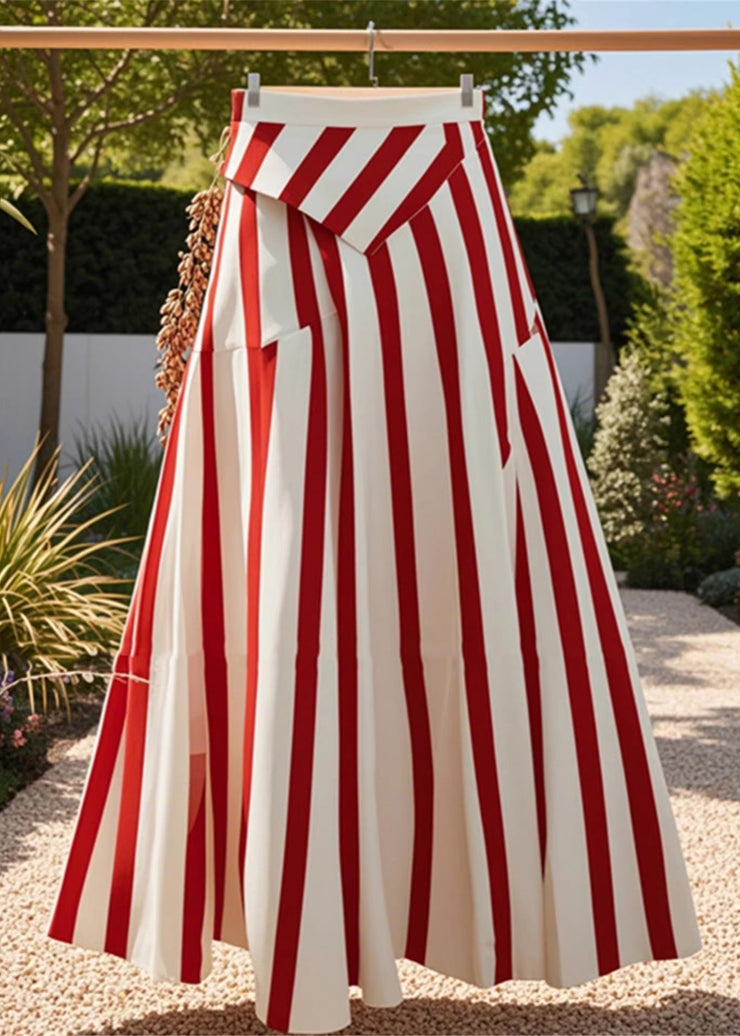 Stylish Red Asymmetrical Striped High Waist Cotton Skirt Summer