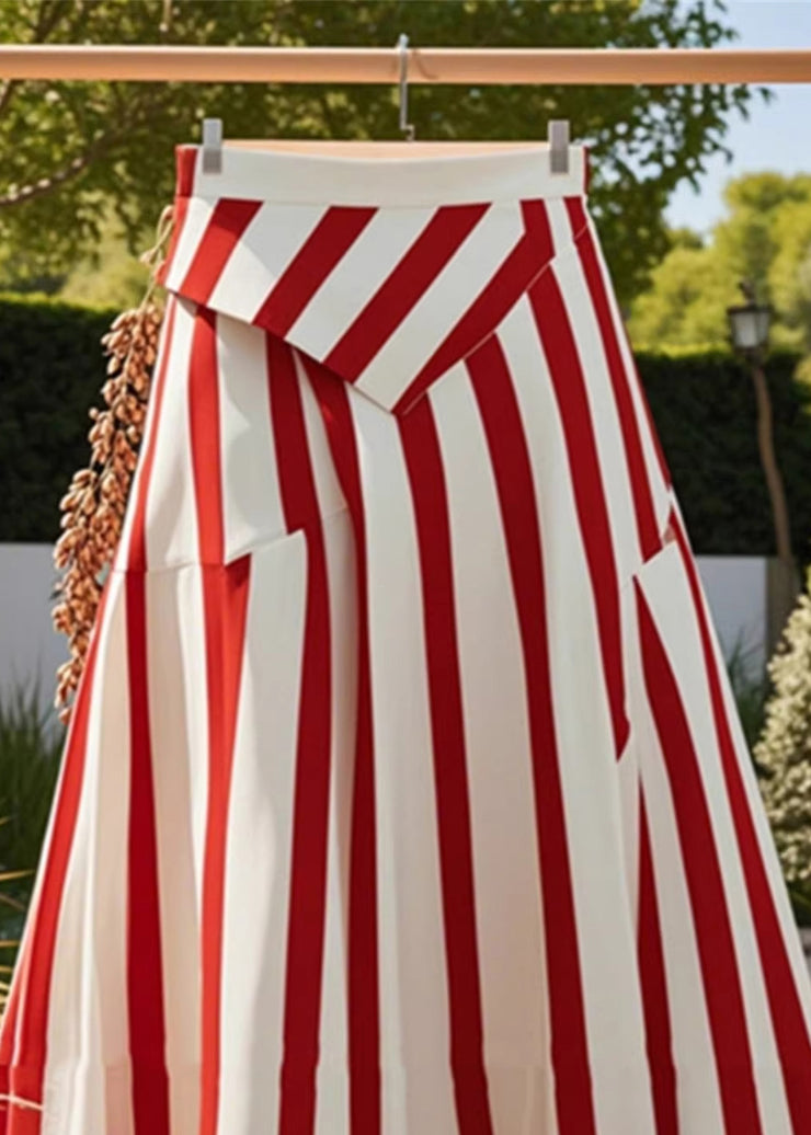 Stylish Red Asymmetrical Striped High Waist Cotton Skirt Summer