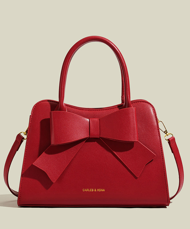 Stylish Red Bow Solid Durable Faux Leather Tote Handbag