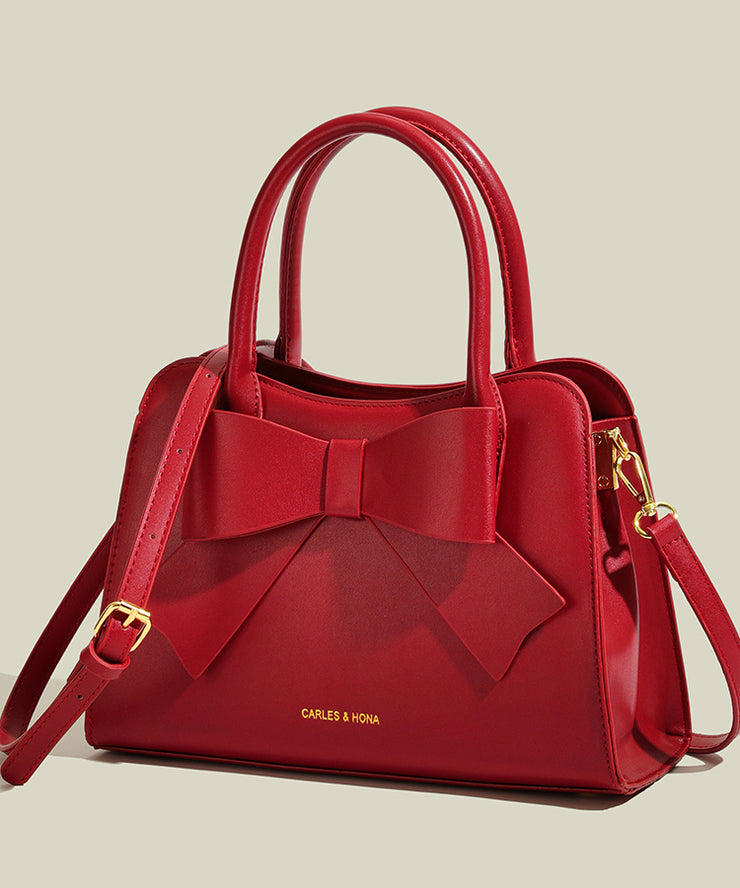 Stylish Red Bow Solid Durable Faux Leather Tote Handbag
