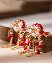 Stylish Red Copper Alloy Pearl Female Martial Artist Role Tassel Hairpin