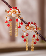 Stylish Red Copper Alloy Pearl Female Martial Artist Role Tassel Hairpin