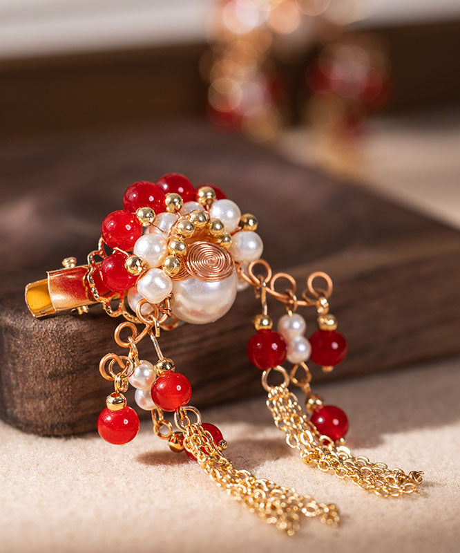 Stylish Red Copper Alloy Pearl Female Martial Artist Role Tassel Hairpin