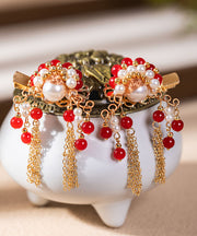 Stylish Red Copper Alloy Pearl Female Martial Artist Role Tassel Hairpin