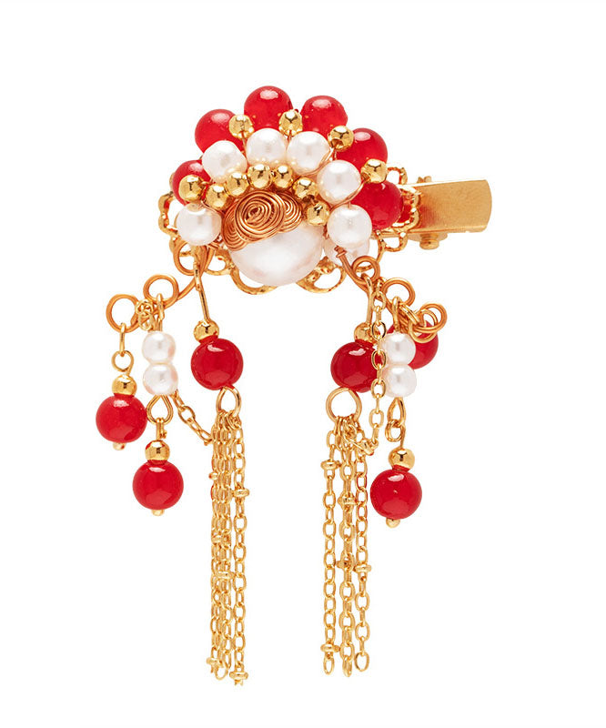 Stylish Red Copper Alloy Pearl Female Martial Artist Role Tassel Hairpin