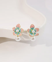 Stylish Red Copper Alloy Pearl Floral Drop Earrings