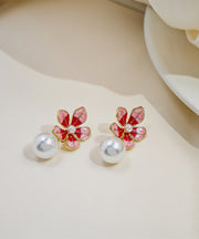 Stylish Red Copper Alloy Pearl Floral Drop Earrings