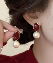 Stylish Red Copper Overgild Pearl Stud Earrings