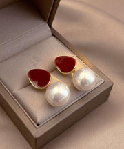 Stylish Red Copper Overgild Pearl Stud Earrings