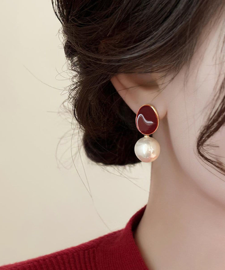 Stylish Red Copper Overgild Pearl Stud Earrings