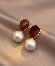 Stylish Red Copper Overgild Pearl Stud Earrings