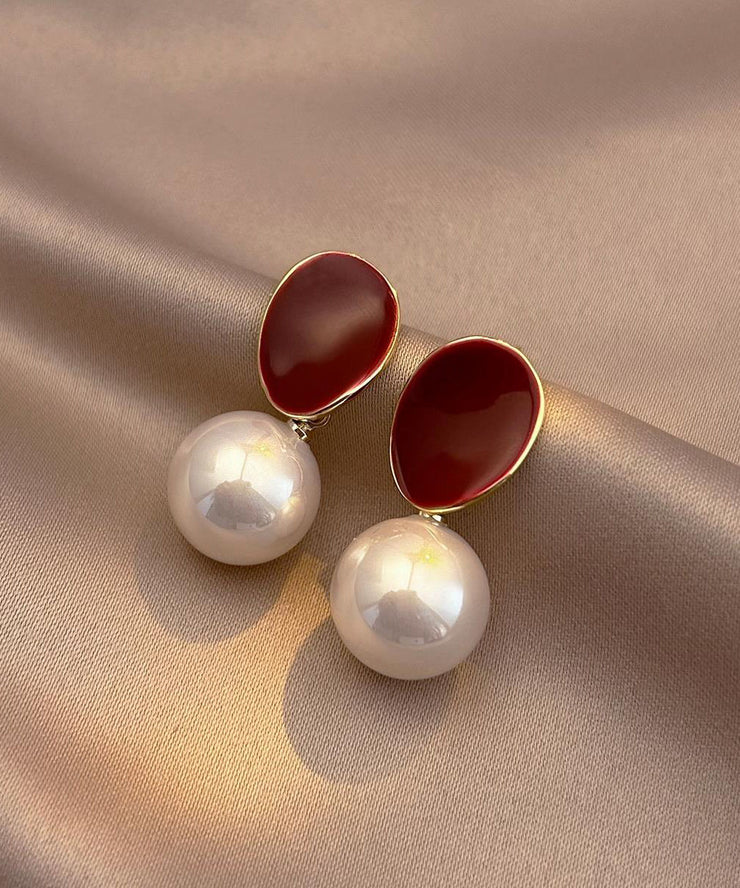 Stylish Red Copper Overgild Pearl Stud Earrings
