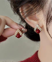 Stylish Red Copper Overgild Zircon Pearl Stud Earrings