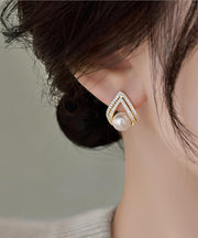 Stylish Red Copper Overgild Zircon Pearl Stud Earrings