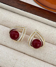 Stylish Red Copper Overgild Zircon Pearl Stud Earrings