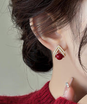 Stylish Red Copper Overgild Zircon Pearl Stud Earrings