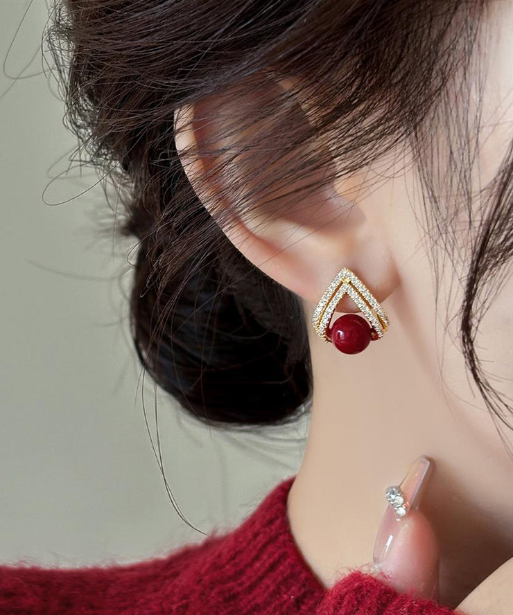 Stylish Red Copper Overgild Zircon Pearl Stud Earrings