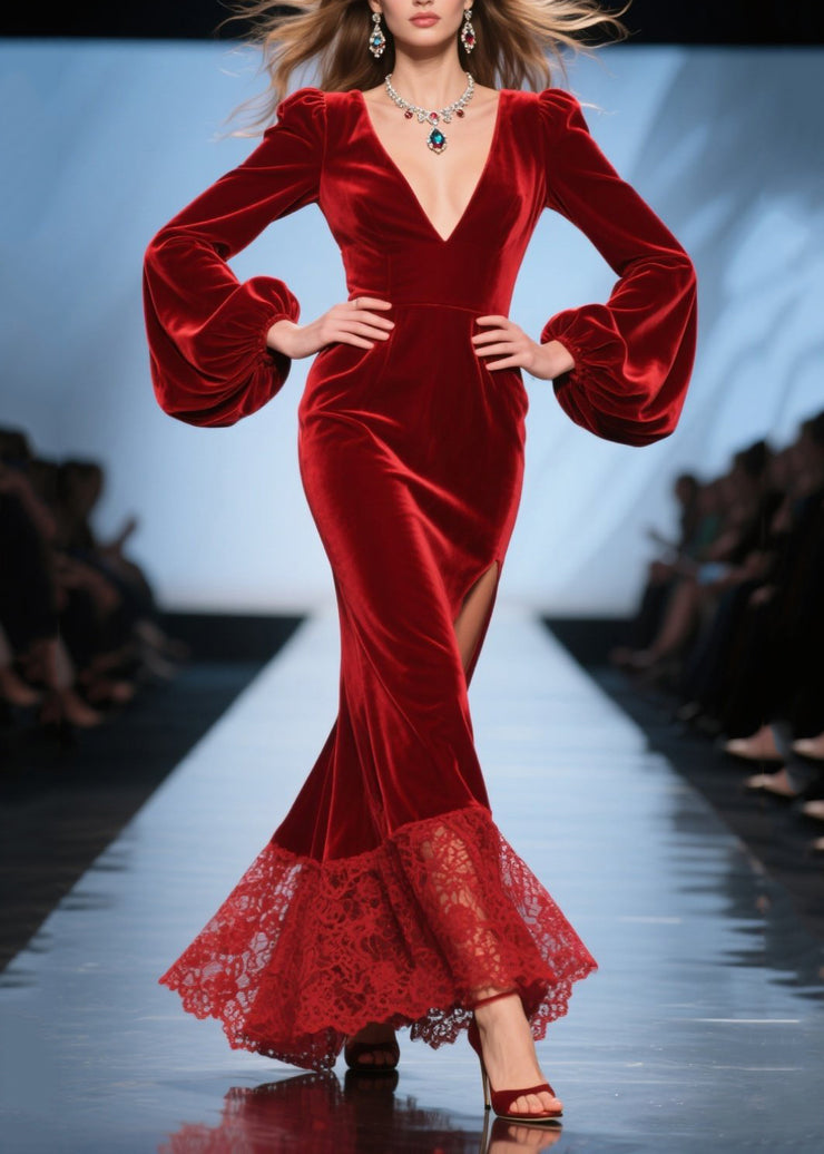 Stylish Red Deep-V Neck Patchwork Silk Velvet Dinner Dresses Spring