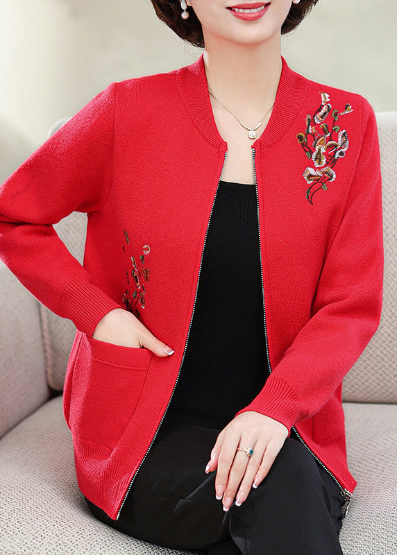 Stylish Red Embroidered Pockets Cotton Knit Coats Fall