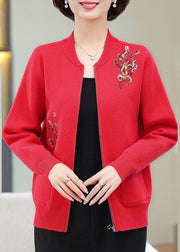 Stylish Red Embroidered Pockets Cotton Knit Coats Fall
