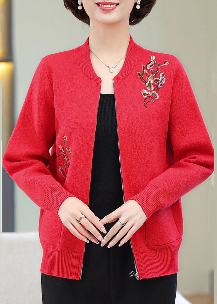 Stylish Red Embroidered Pockets Cotton Knit Coats Fall
