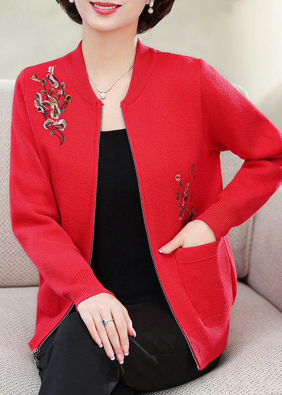 Stylish Red Embroidered Pockets Cotton Knit Coats Fall