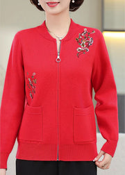 Stylish Red Embroidered Pockets Cotton Knit Coats Fall