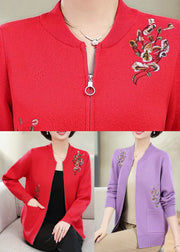 Stylish Red Embroidered Pockets Cotton Knit Coats Fall