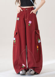 Stylish Red Floral Pockets Denim Wide Leg Pants Fall