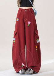 Stylish Red Floral Pockets Denim Wide Leg Pants Fall