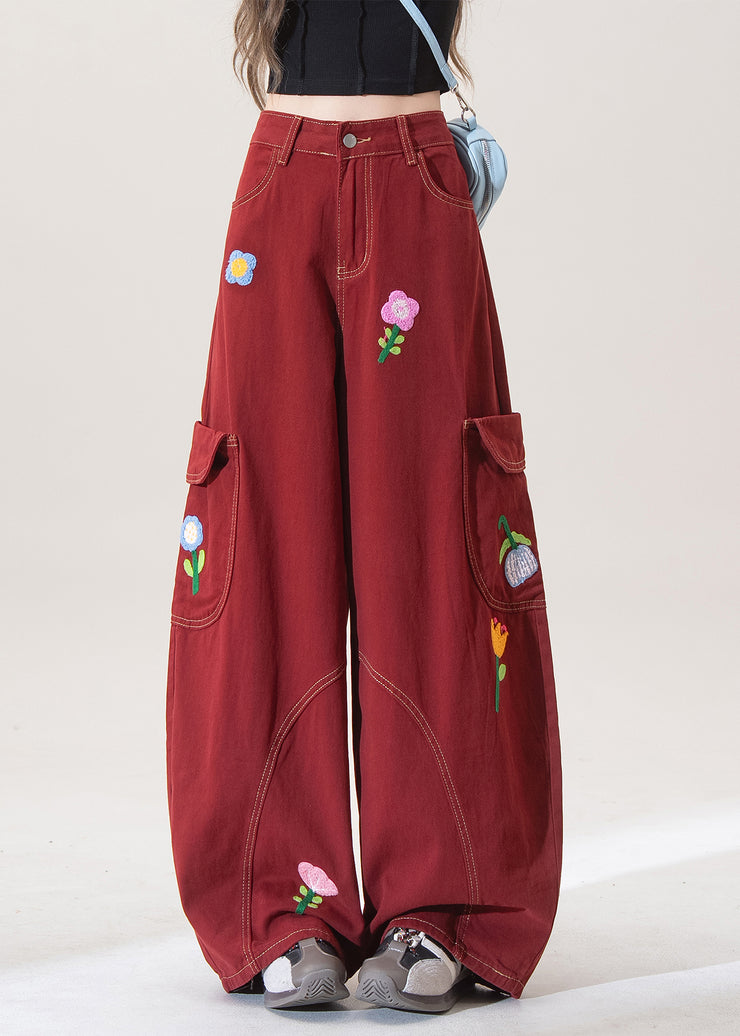 Stylish Red Floral Pockets Denim Wide Leg Pants Fall