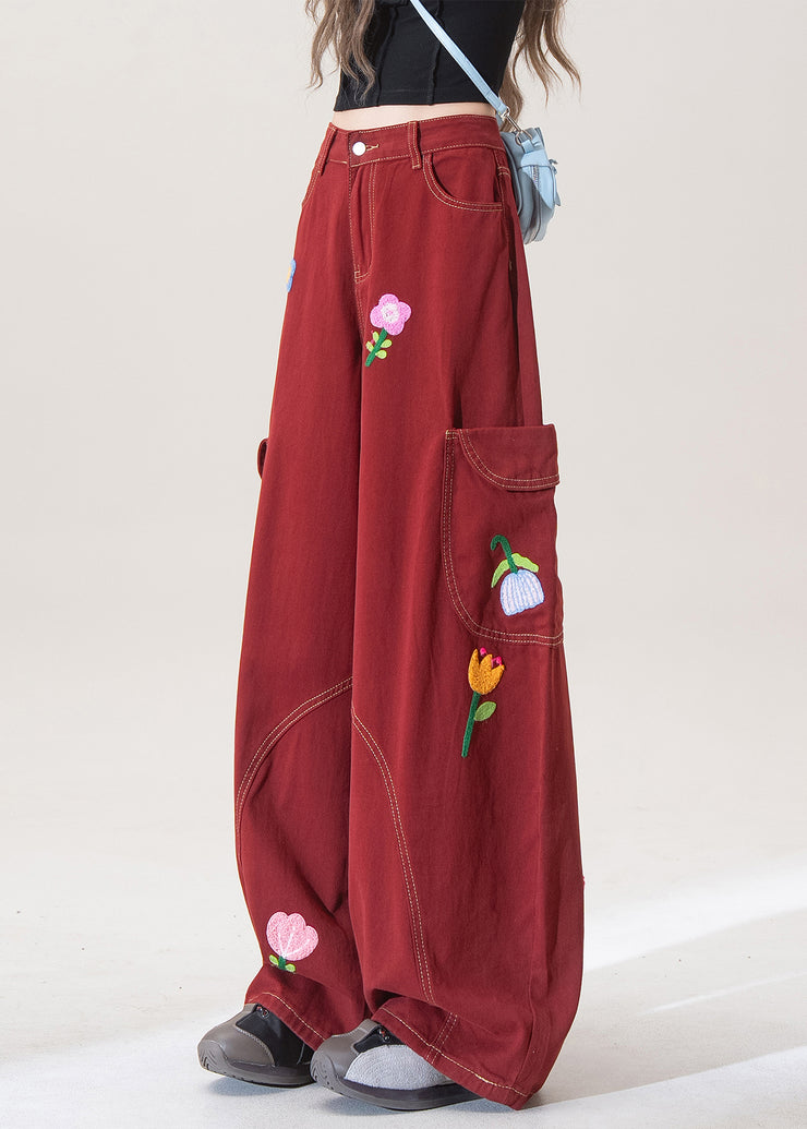 Stylish Red Floral Pockets Denim Wide Leg Pants Fall