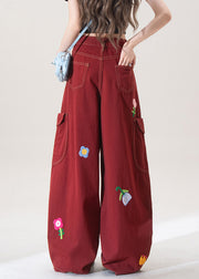Stylish Red Floral Pockets Denim Wide Leg Pants Fall