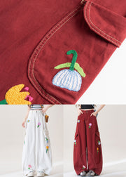 Stylish Red Floral Pockets Denim Wide Leg Pants Fall