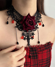 Stylish Red Lace Rose Necklace And Chain Bracelet Tassel Two-Piece Set Princess Necklace