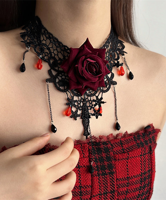 Stylish Red Lace Rose Necklace And Chain Bracelet Tassel Two-Piece Set Princess Necklace